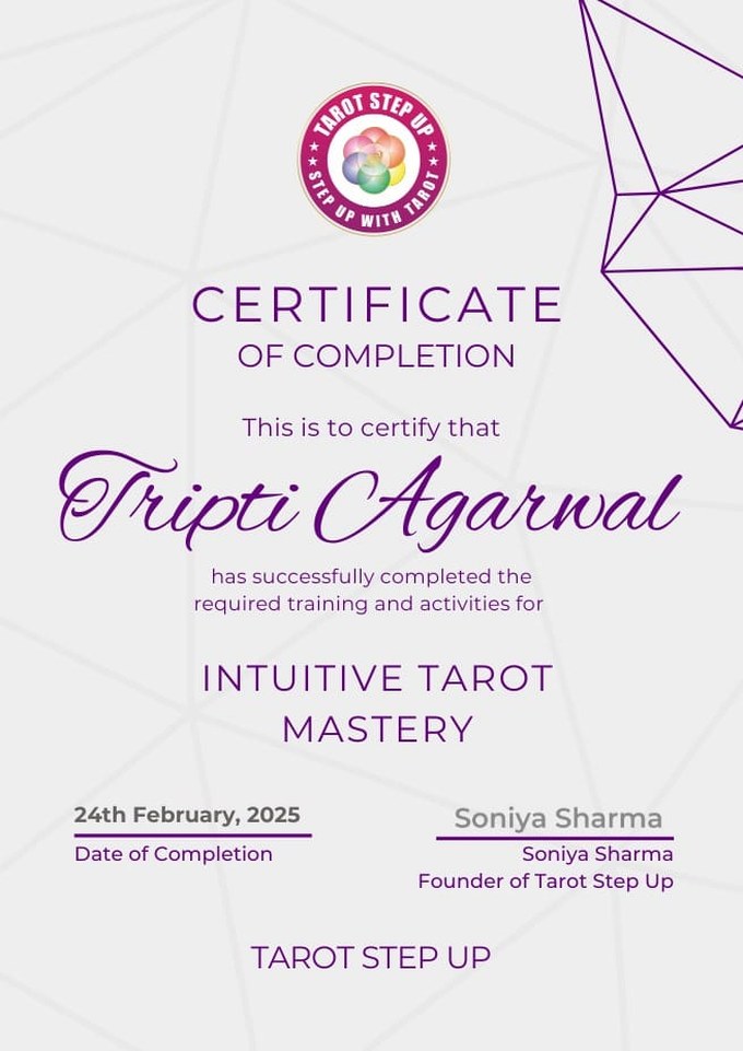 Certificate of Completion in Intuitive Tarot Mastery, Tarot Step Up